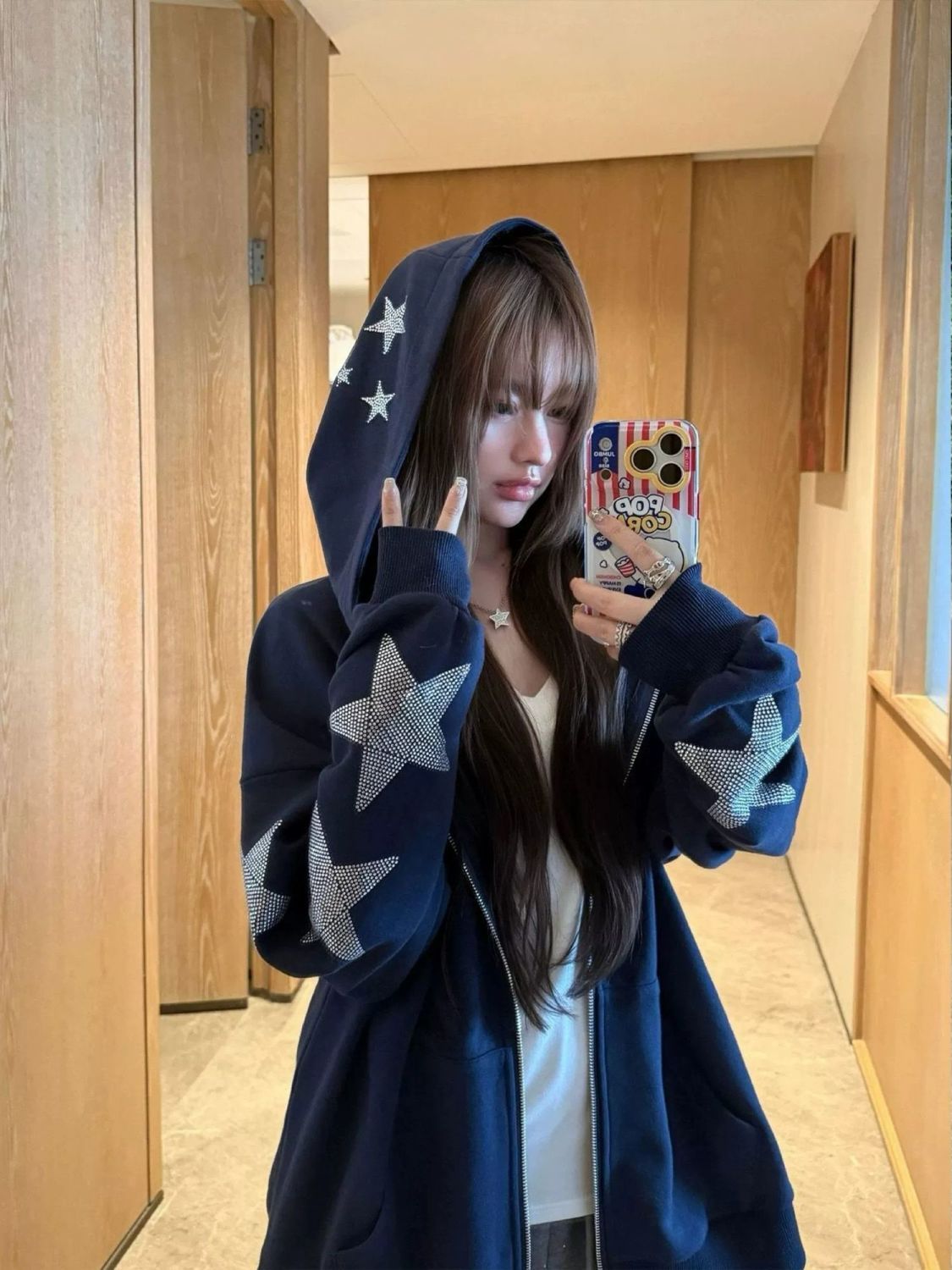 Korean Vintage Navy Blue Star  - Vintage Zip Hoodie recension och pris