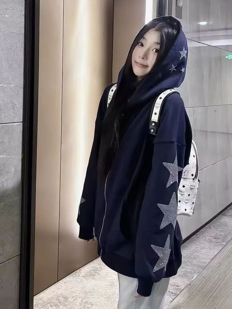 Korean Vintage Navy Blue Star  - Vintage Zip Hoodie recension och pris